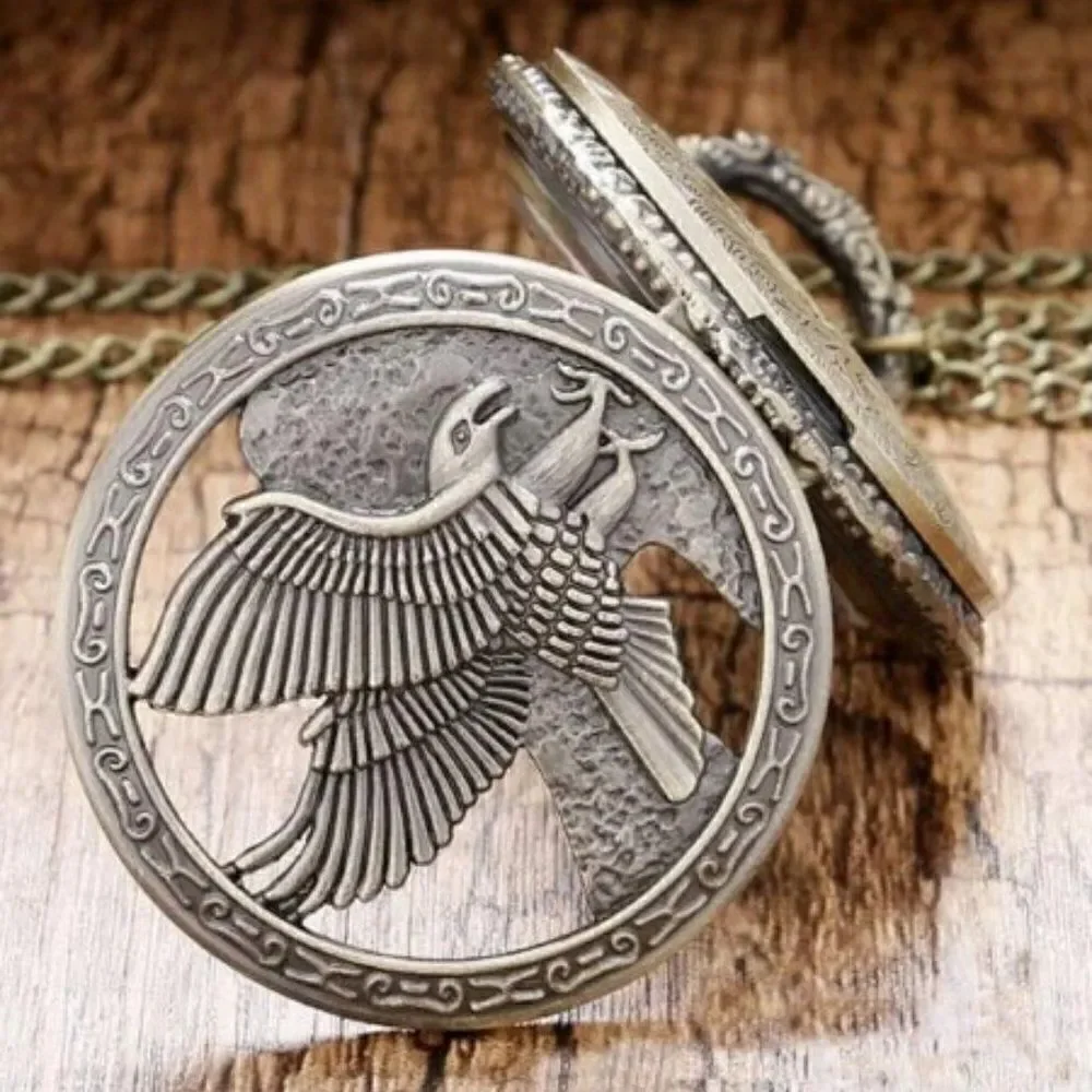 ANTIQUE BRONZE EAGLE LOCKET NECKLACE/POCKET QUARTZ WATCH